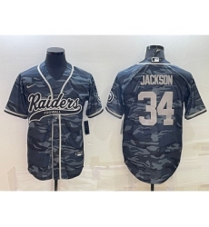 Men's Las Vegas Raiders #34 Bo Jackson Grey Camo With Patch Cool Base Stitched Baseball Jersey