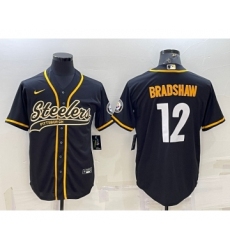 Men's Pittsburgh Steelers #12 Terry Bradshaw Black With Patch Cool Base Stitched Baseball Jersey