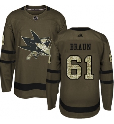 Youth Adidas San Jose Sharks #61 Justin Braun Premier Green Salute to Service NHL Jersey