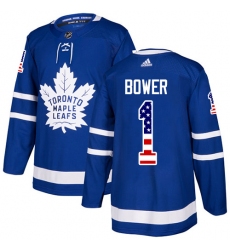 Youth Adidas Toronto Maple Leafs #1 Johnny Bower Authentic Royal Blue USA Flag Fashion NHL Jersey