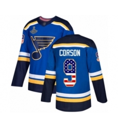 Men's St. Louis Blues #9 Shayne Corson Authentic Blue USA Flag Fashion 2019 Stanley Cup Champions Hockey Jersey