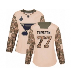 Women's St. Louis Blues #77 Pierre Turgeon Authentic Camo Veterans Day Practice 2019 Stanley Cup Final Bound Hockey Jersey