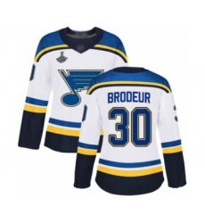 Women's St. Louis Blues #30 Martin Brodeur Authentic White Away 2019 Stanley Cup Champions Hockey Jersey