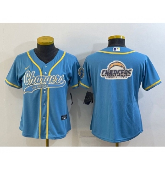 Women's Los Angeles Chargers Light Blue Team Big Logo With Patch Cool Base Stitched Baseball Jersey