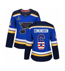 Women's St. Louis Blues #6 Joel Edmundson Authentic Blue USA Flag Fashion 2019 Stanley Cup Champions Hockey Jersey