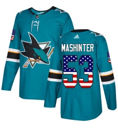 Men's Adidas San Jose Sharks #53 Brandon Mashinter Authentic Teal Green USA Flag Fashion NHL Jersey