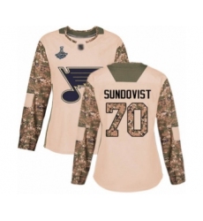 Women's St. Louis Blues #70 Oskar Sundqvist Authentic Camo Veterans Day Practice 2019 Stanley Cup Champions Hockey Jersey