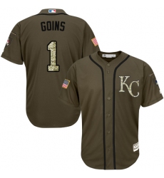 Men's Majestic Kansas City Royals #1 Ryan Goins Replica Green Salute to Service MLB Jersey