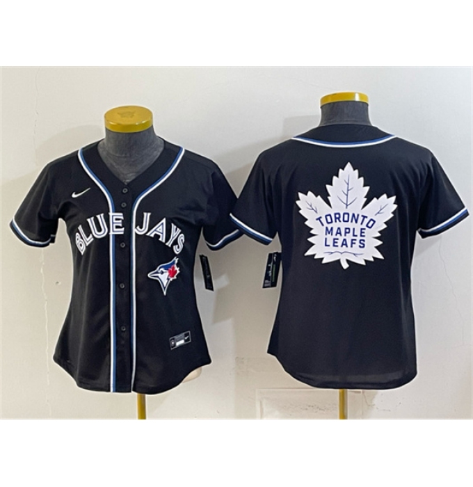 Women's Toronto Blue Jays & Leafs With White Leafs Logo 2026 Fashion Replica Black Out Stitched Baseball Jersey(Run Small)