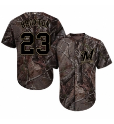 Men's Majestic Milwaukee Brewers #23 Keon Broxton Authentic Camo Realtree Collection Flex Base MLB Jersey