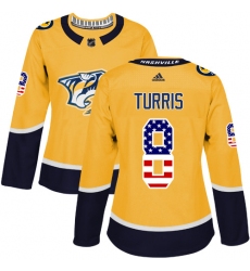 Women's Adidas Nashville Predators #8 Kyle Turris Authentic Gold USA Flag Fashion NHL Jersey