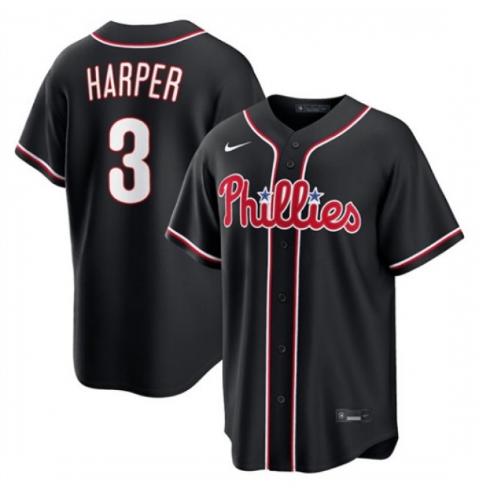 Men's Philadelphia Phillies #3 Bryce Harper Fashion Black Out Stitched Baseball Jersey