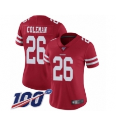 Women's San Francisco 49ers #26 Tevin Coleman Red Team Color Vapor Untouchable Limited Player 100th Season Football Jersey