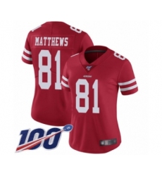 Women's San Francisco 49ers #81 Jordan Matthews Red Team Color Vapor Untouchable Limited Player 100th Season Football Jersey