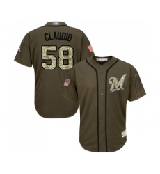 Men's Milwaukee Brewers #58 Alex Claudio Authentic Green Salute to Service Baseball Jersey