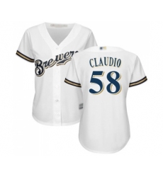 Women's Milwaukee Brewers #58 Alex Claudio Replica White Alternate Cool Base Baseball Jersey