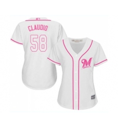 Women's Milwaukee Brewers #58 Alex Claudio Replica White Fashion Cool Base Baseball Jersey
