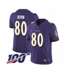 Men's Baltimore Ravens #80 Miles Boykin Purple Team Color Vapor Untouchable Limited Player 100th Season Football Jersey