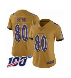 Women's Baltimore Ravens #80 Miles Boykin Limited Gold Inverted Legend 100th Season Football Jersey