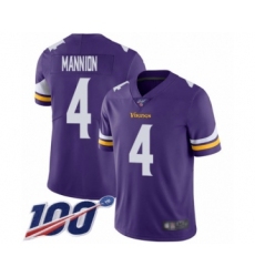 Men's Minnesota Vikings #4 Sean Mannion Purple Team Color Vapor Untouchable Limited Player 100th Season Football Jersey