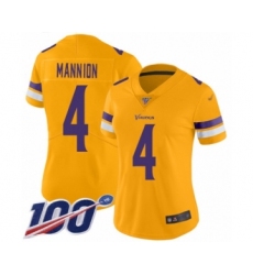Women's Minnesota Vikings #4 Sean Mannion Limited Gold Inverted Legend 100th Season Football Jersey