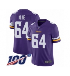 Men's Minnesota Vikings #64 Josh Kline Purple Team Color Vapor Untouchable Limited Player 100th Season Football Jersey