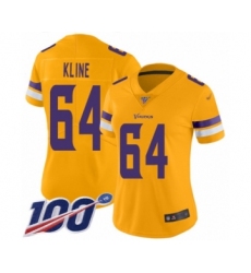 Women's Minnesota Vikings #64 Josh Kline Limited Gold Inverted Legend 100th Season Football Jersey
