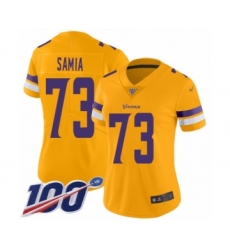 Women's Minnesota Vikings #73 Dru Samia Limited Gold Inverted Legend 100th Season Football Jersey