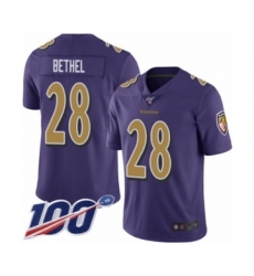 Men's Baltimore Ravens #28 Justin Bethel Limited Purple Rush Vapor Untouchable 100th Season Football Jersey