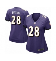 Women's Baltimore Ravens #28 Justin Bethel Game Purple Team Color Football Jersey