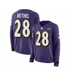 Women's Baltimore Ravens #28 Justin Bethel Limited Purple Therma Long Sleeve Football Jersey