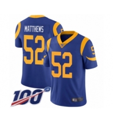 Men's Los Angeles Rams #52 Clay Matthews Royal Blue Alternate Vapor Untouchable Limited Player 100th Season Football Jersey