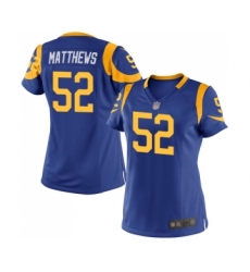 Women's Los Angeles Rams #52 Clay Matthews Game Royal Blue Alternate Football Jersey