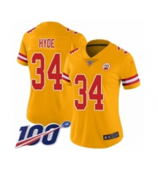Women's Kansas City Chiefs #34 Carlos Hyde Limited Gold Inverted Legend 100th Season Football Jersey