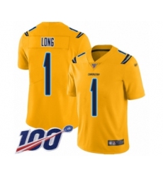 Men's Los Angeles Chargers #1 Ty Long Limited Gold Inverted Legend 100th Season Football Jersey