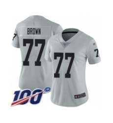 Women's Oakland Raiders #77 Trent Brown Limited Silver Inverted Legend 100th Season Football Jersey