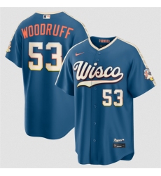 Men's Milwaukee Brewers #53 Brandon Woodruff Mineral Blue 2026 City Connect Stadium Stitched Stitched Baseball Jersey
