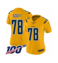 Women's Los Angeles Chargers #78 Trent Scott Limited Gold Inverted Legend 100th Season Football Jersey