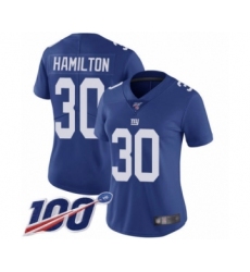Women's New York Giants #30 Antonio Hamilton Royal Blue Team Color Vapor Untouchable Limited Player 100th Season Football Jersey