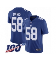 Men's New York Giants #58 Tae Davis Royal Blue Team Color Vapor Untouchable Limited Player 100th Season Football Jersey