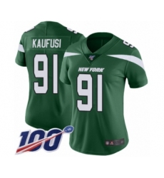Women's New York Jets #91 Bronson Kaufusi Green Team Color Vapor Untouchable Limited Player 100th Season Football Jersey