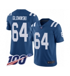 Men's Indianapolis Colts #64 Mark Glowinski Royal Blue Team Color Vapor Untouchable Limited Player 100th Season Football Jersey