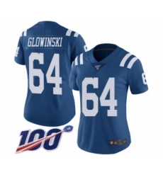 Women's Indianapolis Colts #64 Mark Glowinski Limited Royal Blue Rush Vapor Untouchable 100th Season Football Jersey