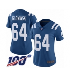 Women's Indianapolis Colts #64 Mark Glowinski Royal Blue Team Color Vapor Untouchable Limited Player 100th Season Football Jersey