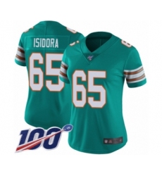 Women's Miami Dolphins #65 Danny Isidora Aqua Green Alternate Vapor Untouchable Limited Player 100th Season Football Jersey
