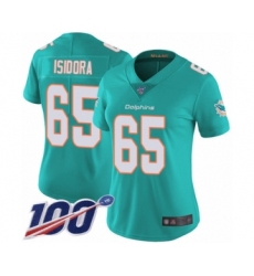 Women's Miami Dolphins #65 Danny Isidora Aqua Green Team Color Vapor Untouchable Limited Player 100th Season Football Jersey