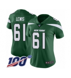Women's New York Jets #61 Alex Lewis Green Team Color Vapor Untouchable Limited Player 100th Season Football Jersey
