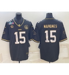 Men’s Kansas City Chiefs #15 Patrick Mahomes Black Gold Super Bowl LVII Patch And 4-star C Patch Vapor Untouchable Limited Stitched Jersey