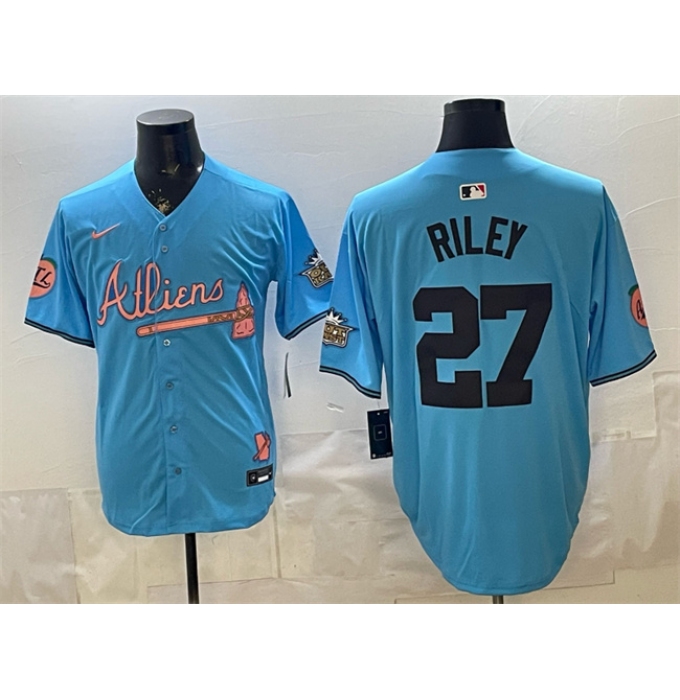 Men's Atlanta Braves #27 Austin Riley Blue 2024 Atliens & Peach With Outkast Vapor Limited Stitched Baseball Jersey