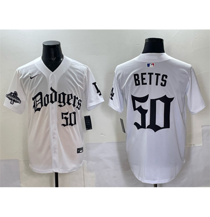 Men's Los Angeles Dodgers #50 Mookie Betts White 2025 LA Gothic Style With 2024 World Series Champions Vapor Premier Limited Stitched Baseball Jersey